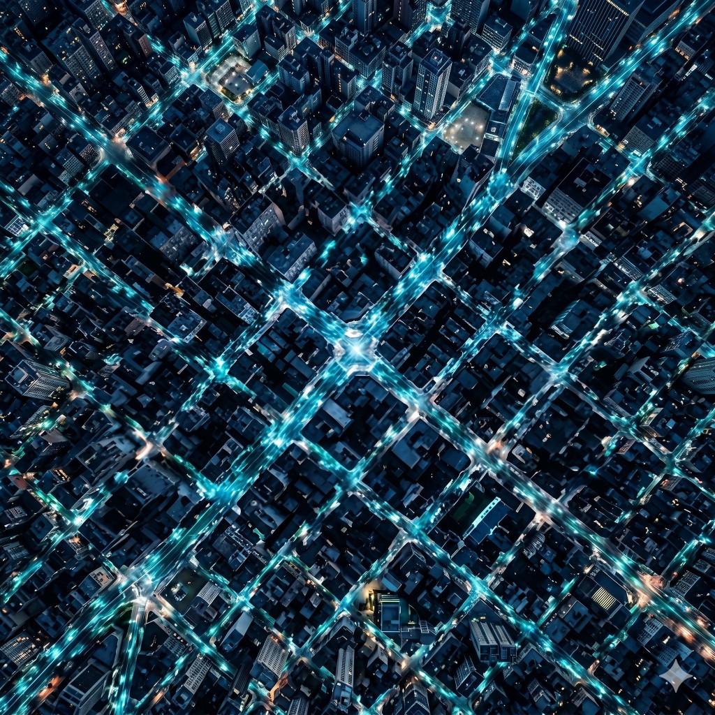 Vista aérea noturna de metrópole com malha urbana iluminada por iluminação pública inteligente em tons ciano e azul-turquesa